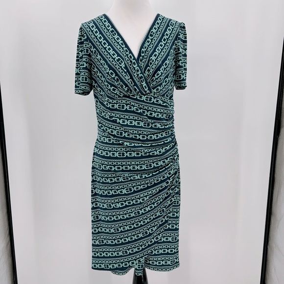 Evan Picone Chain Link Print Faux Wrap Knee Length Dress Blue Size 12-NWT - Picture 1 of 8